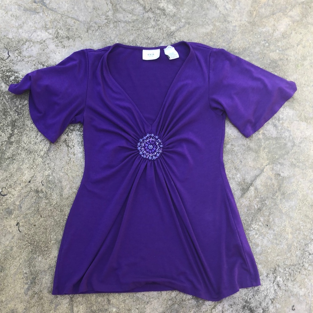 Purple flowy top with jewel gather